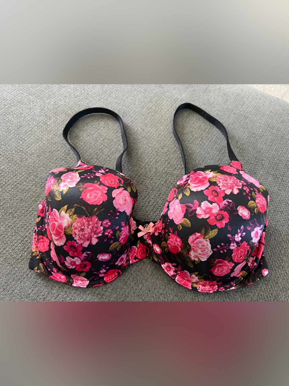 Victoria's Secret Black Strapless Push-Up Bra with Pink Floral Print 36DD